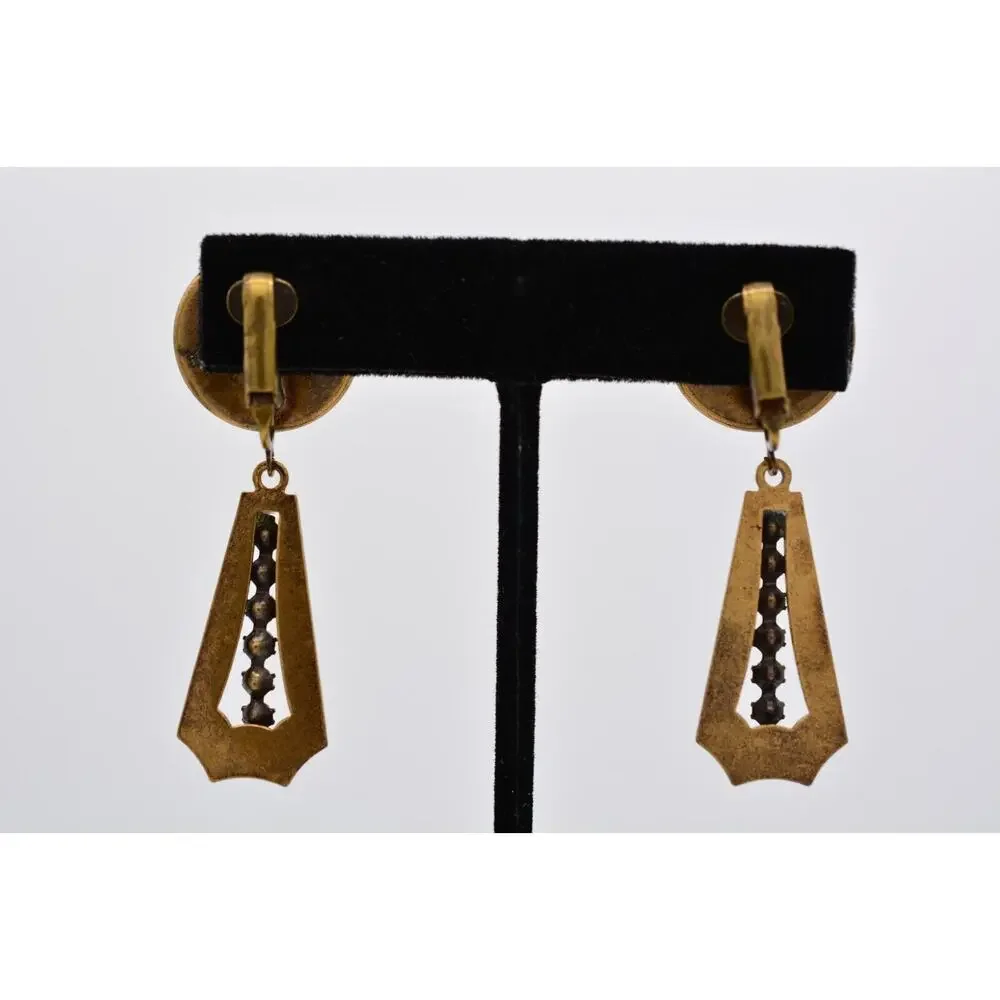Vintage Dangle Clip On Earrings Rustic Brass Tone Rhinestone Crystal 1980s 9H